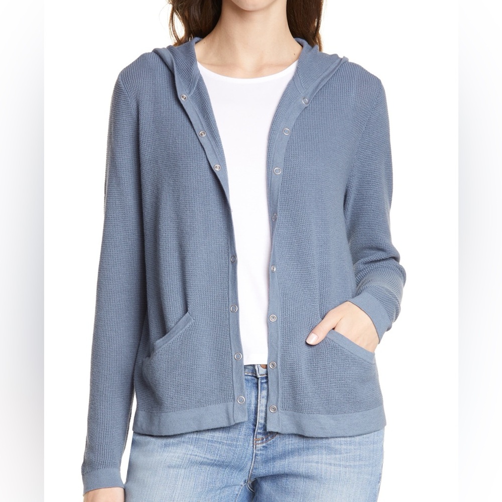 Eileen Fisher | Smokey Blue Front Snap Hooded Silk Cotton Cardigan Size XS
